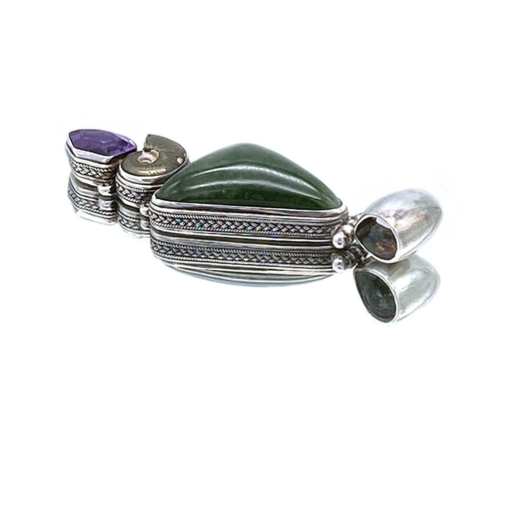 Artist Sterling Collar Necklace with Jade and Amethyst Pendant For Sale