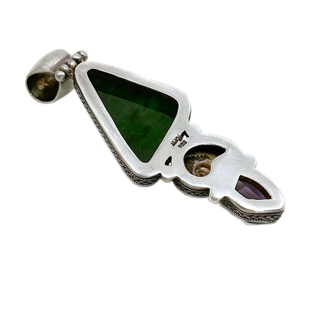 Mixed Cut Sterling Collar Necklace with Jade and Amethyst Pendant For Sale