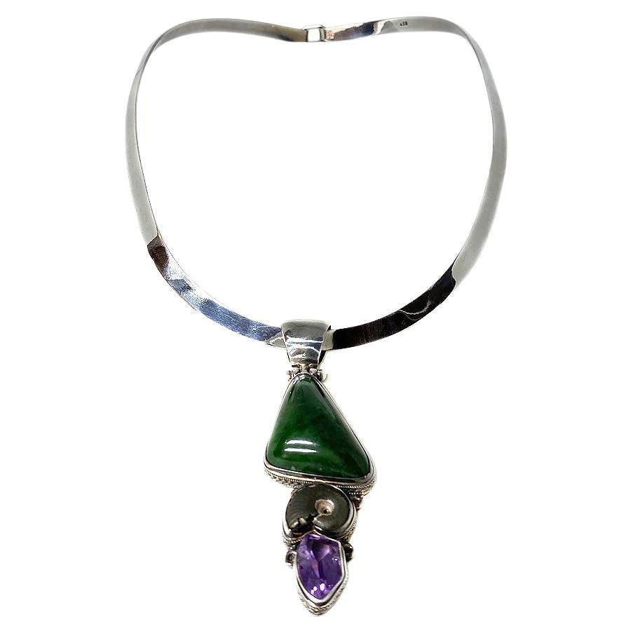 Sterling Collar Necklace with Jade and Amethyst Pendant For Sale