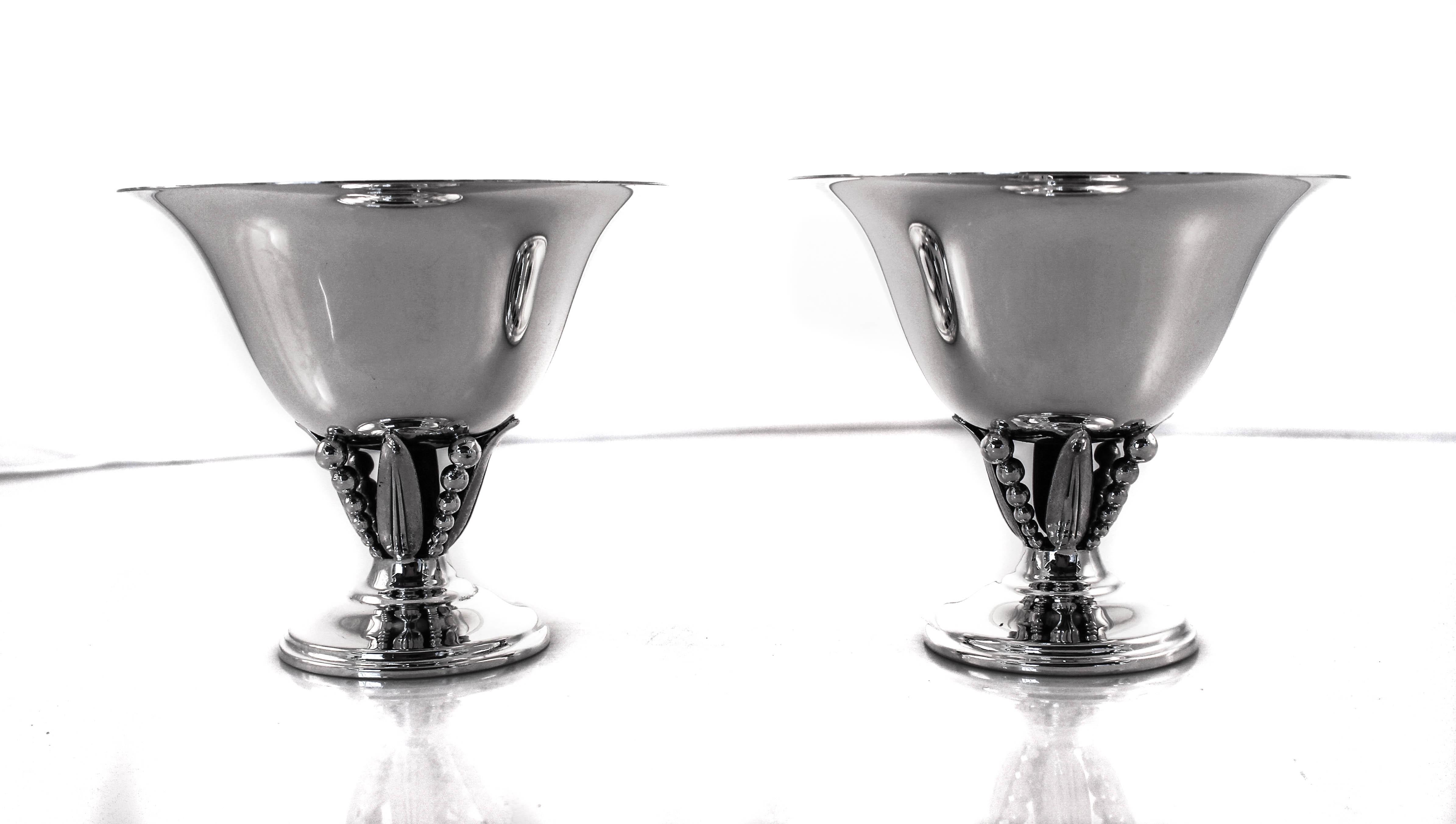 This pair of sterling silver compotes have a Jensen-esque quality and look. The reason is that many of the silversmiths that worked at International Silver later went in to work for Georg Jensen Silver. The simple design and the beading above the