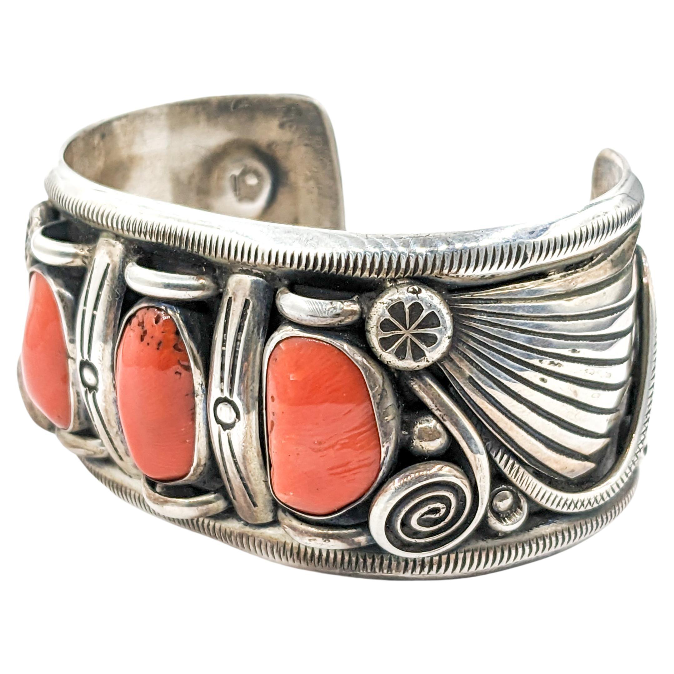 Sterling Coral Navajo Cuff Bracelet