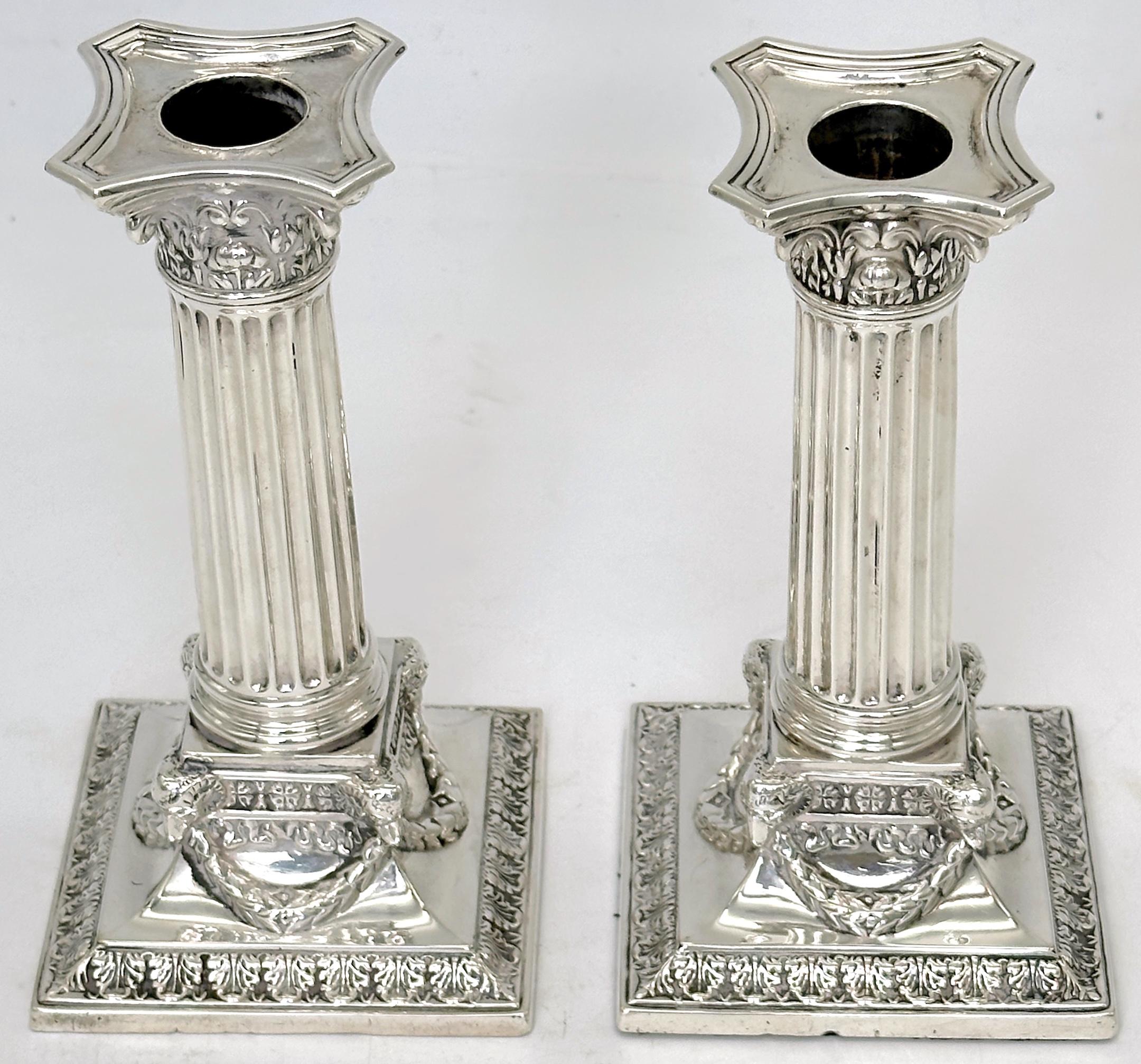 English Sterling Corinthian Column Candlesticks Sheffield, 1899, Martin, Hall & Co. For Sale
