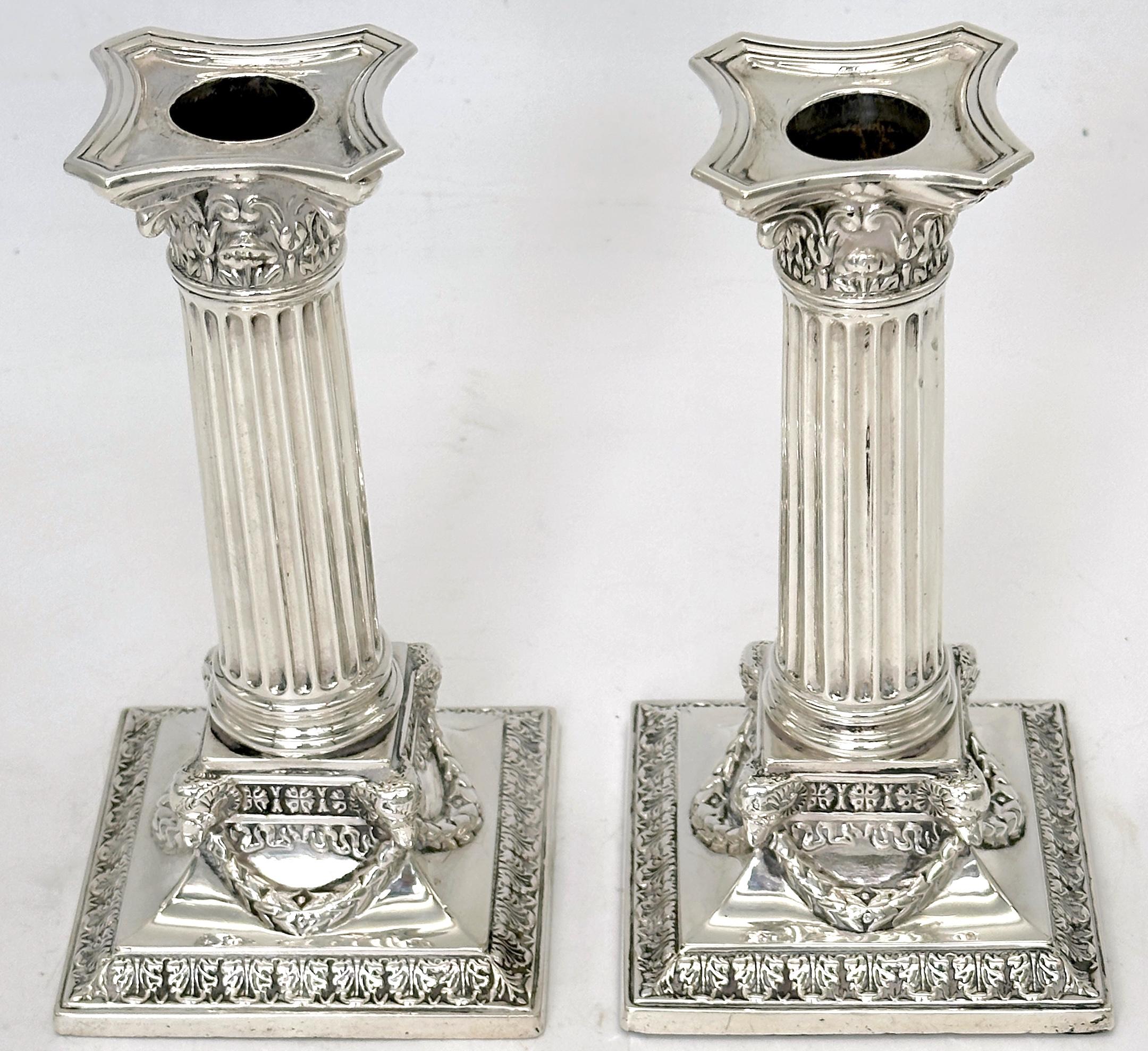 Cast Sterling Corinthian Column Candlesticks Sheffield, 1899, Martin, Hall & Co. For Sale