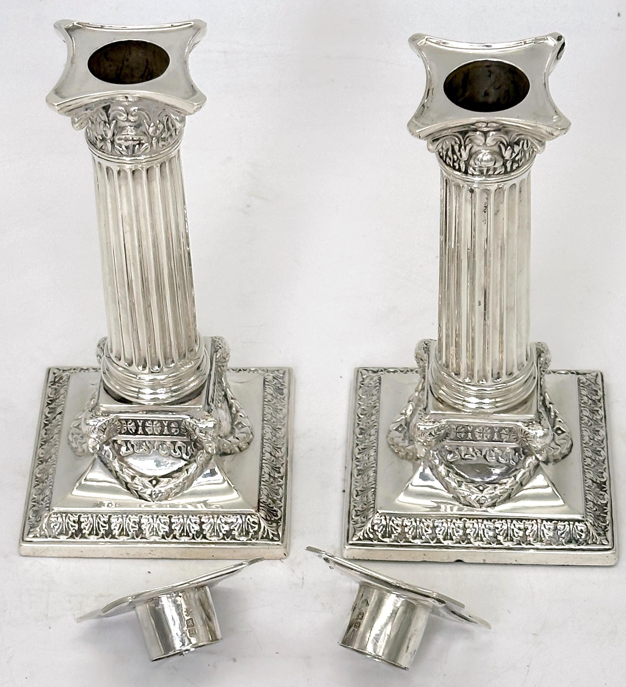 19th Century Sterling Corinthian Column Candlesticks Sheffield, 1899, Martin, Hall & Co. For Sale