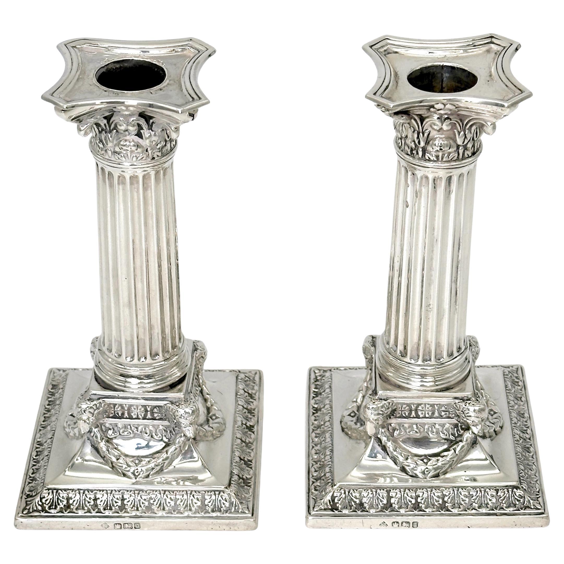 Sterling Corinthian Column Candlesticks Sheffield, 1899, Martin, Hall & Co.