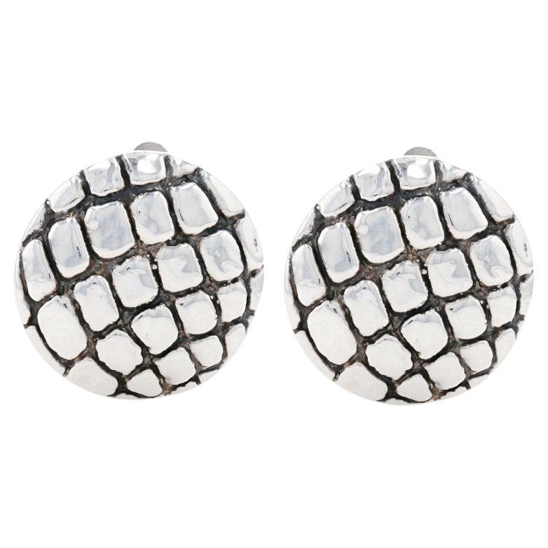 Sterling Crosshatch Animal Print Large Stud Earrings 925 Resin Filled Clip-Ons For Sale