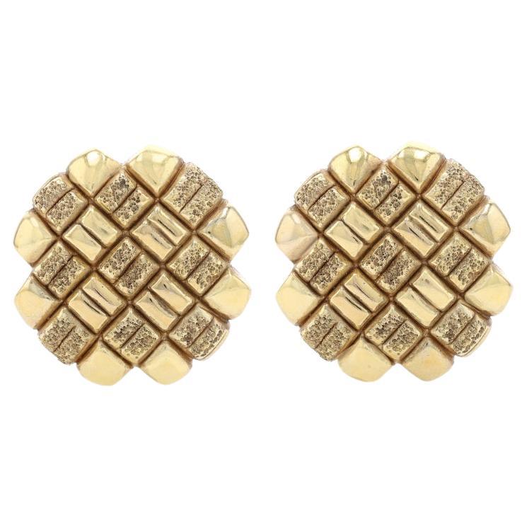 Sterling Crosshatch Basket Weave Large Stud Earrings 925 Gold Pltd Italy Clip-On For Sale