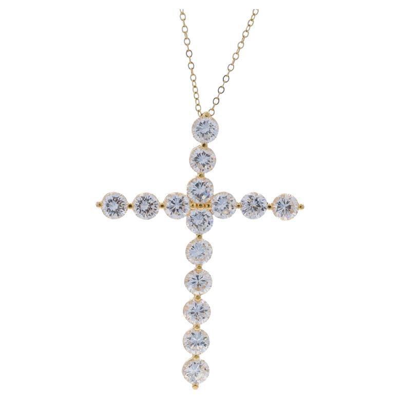 Sterling Cubic Zirconia Cross Pendant Necklace -925 Gold Pltd Round Faith Adjust