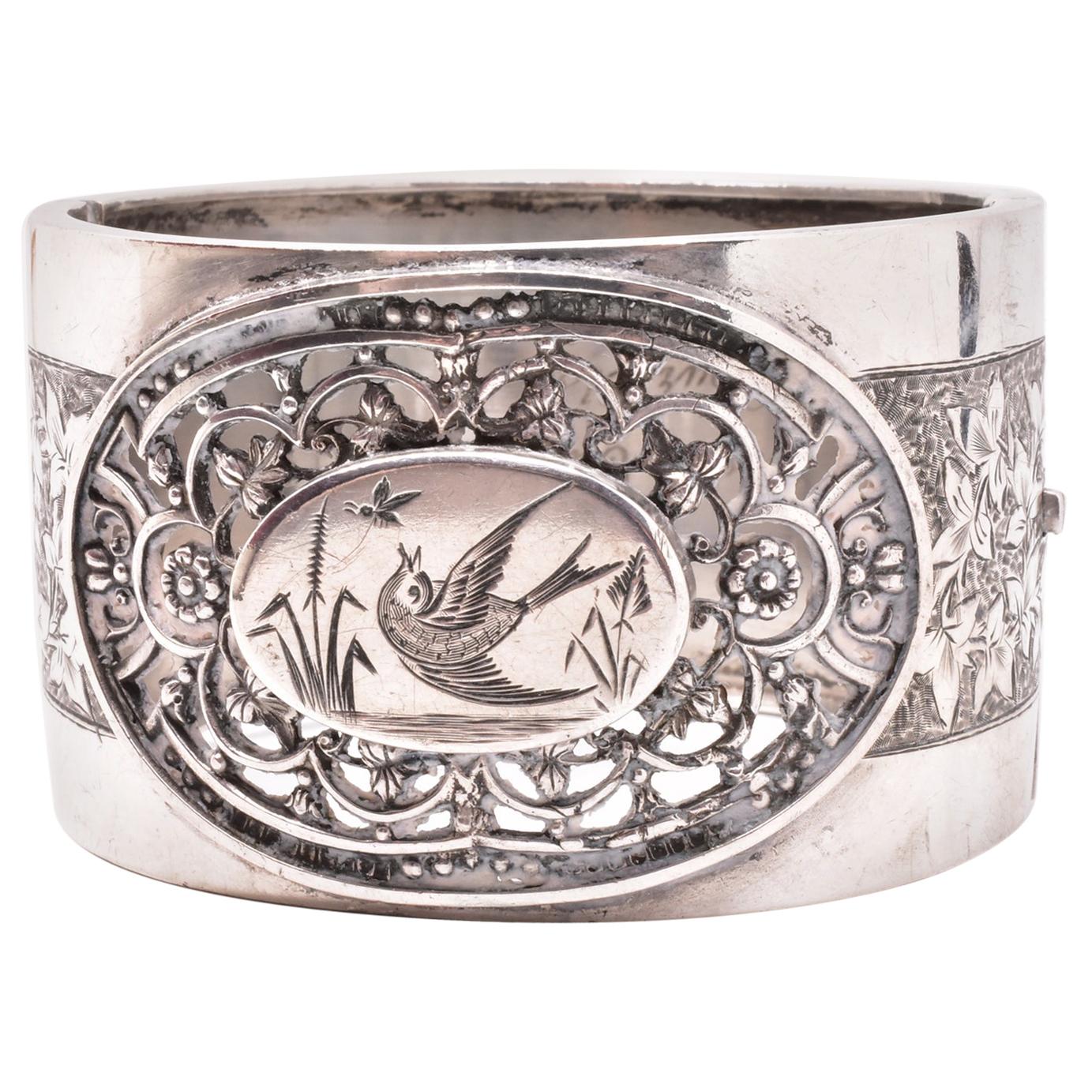 Sterling Cuff Bracelet with Birds in an Open Cutwork Border, circa 1880 For Sale