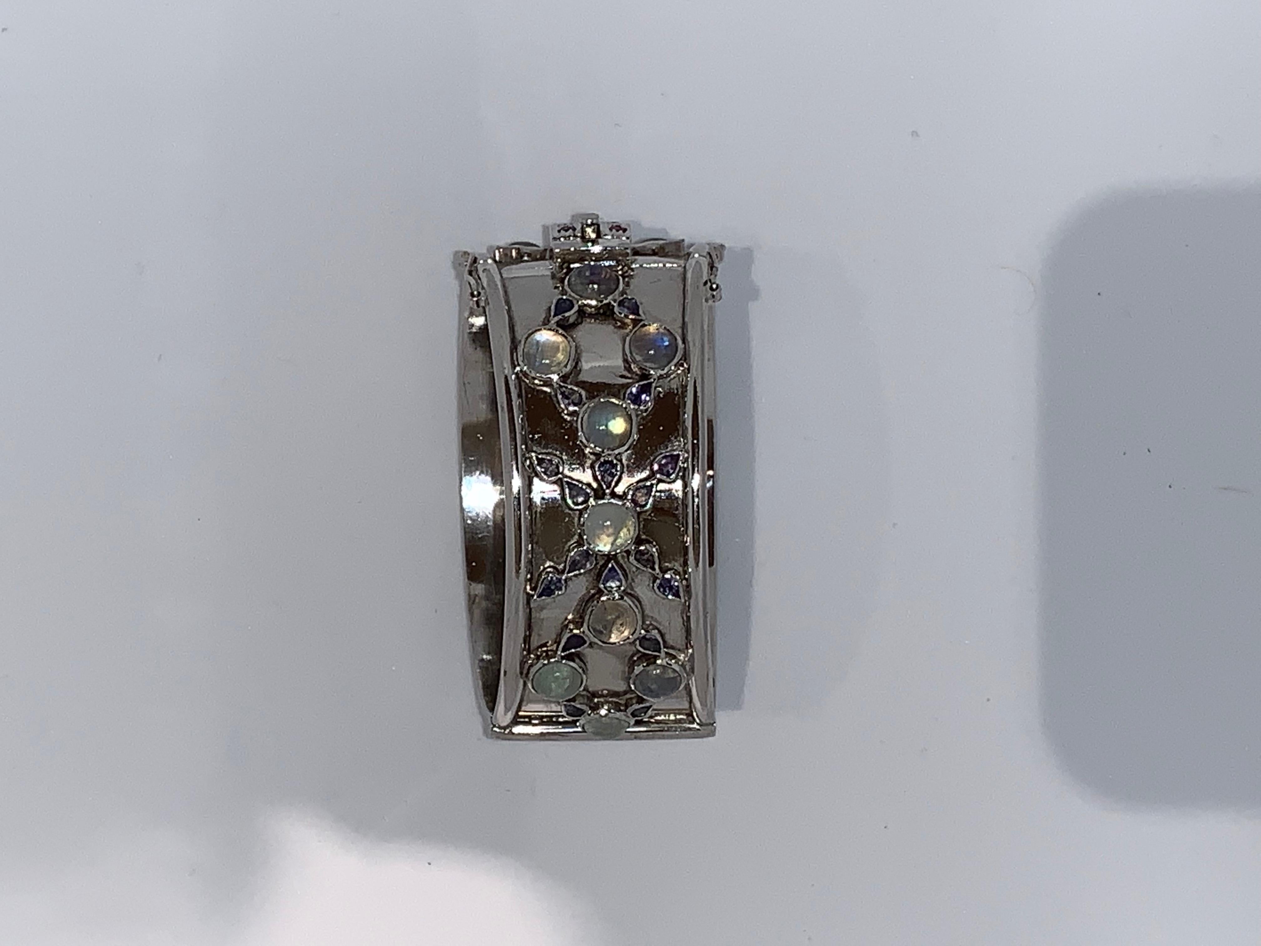 Artisan  Cuff Bracelet in Sterling with Rainbow Moonstone, Tanzanite, and Ruby Clasp For Sale