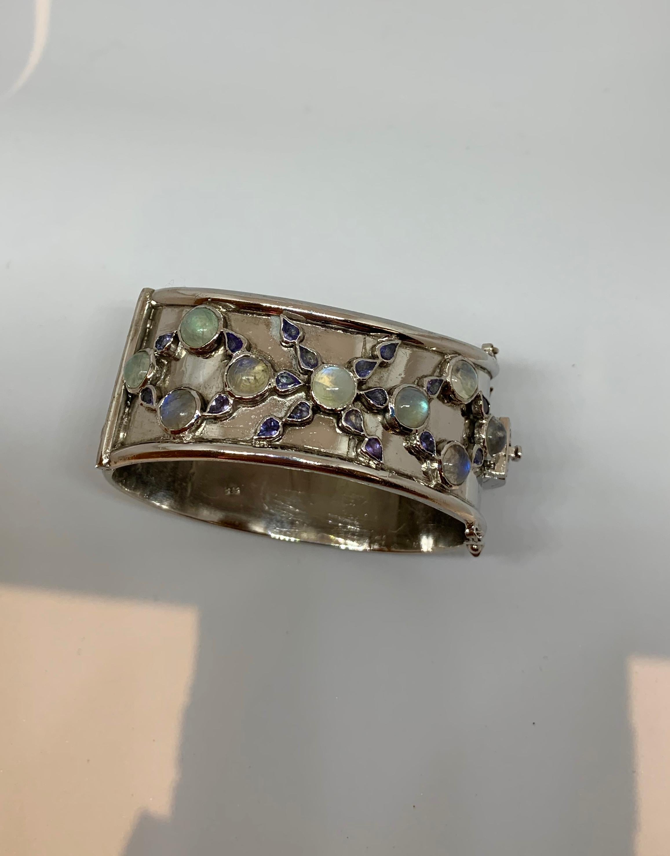  Cuff Bracelet in Sterling with Rainbow Moonstone, Tanzanite, and Ruby Clasp In New Condition For Sale In New York, NY