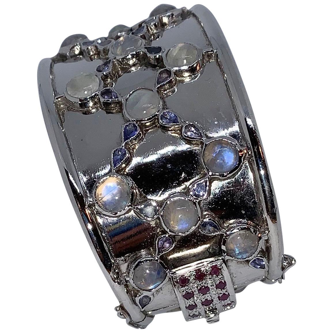  Cuff Bracelet in Sterling with Rainbow Moonstone, Tanzanite, and Ruby Clasp