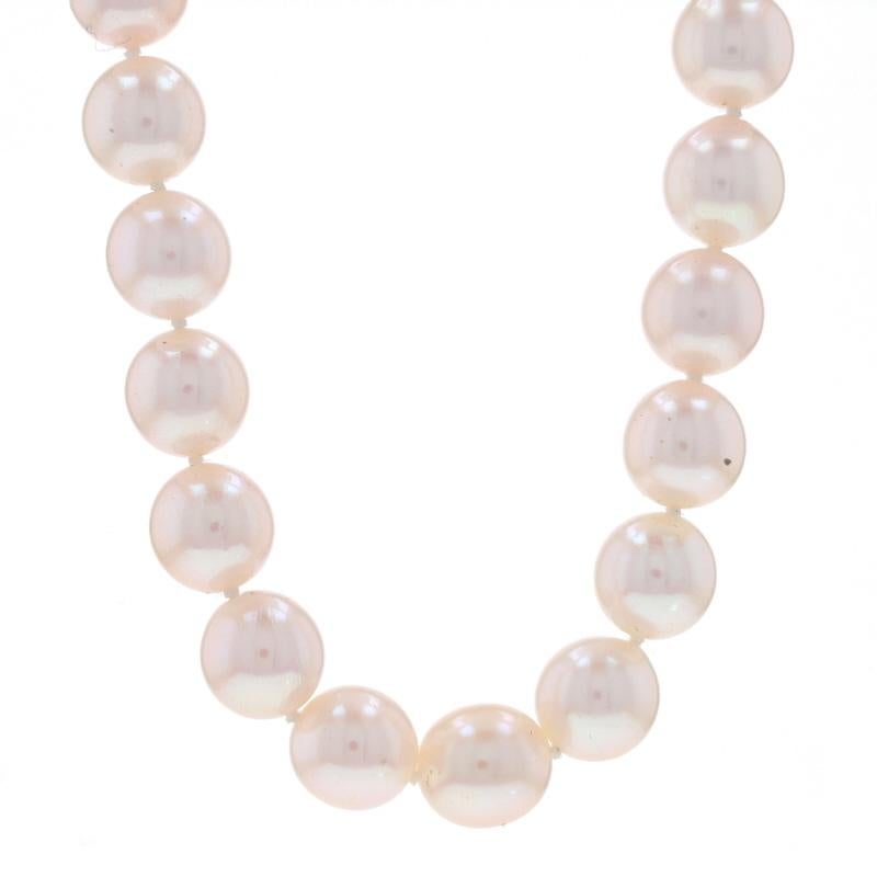 Metal Content: Sterling Silver & Silver Toned

Stone Information
Cultured Pearls
Color: White (with light pink undertones)
Size: 7.5mm - 8mm

Style: Knotted Strand
Fastening Type: Locking Snap Clasp

Measurements
Length: 17 1/2
