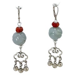 Sterling Dangle Earrings with Natural Jadeite and Coral