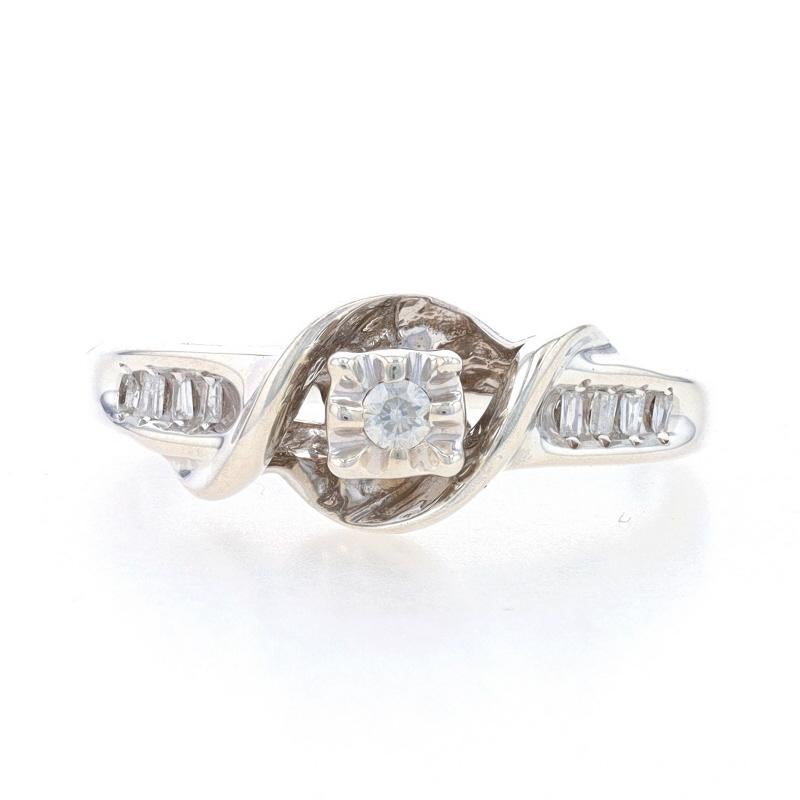 Size: 7
Sizing Fee: Up 2 sizes for $30 or Down 2 sizes for $30

Metal Content: Sterling Silver

Stone Information
Natural Diamonds
Carat(s): .10ctw
Cut: Round Brilliant & Baguette
Color: H - I
Clarity: I1 - I2

Total Carats: .10ctw

Style: Solitaire