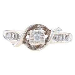 Sterling Diamond Engagement Ring - 925 Round & Baguette .10ctw Ribbon Cathedral