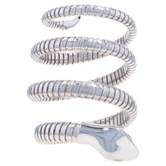 Sterling Diamond Snake Coil Wrap Bypass Bracelet 6" 925 Rnd.10ctw Serpent Adjust