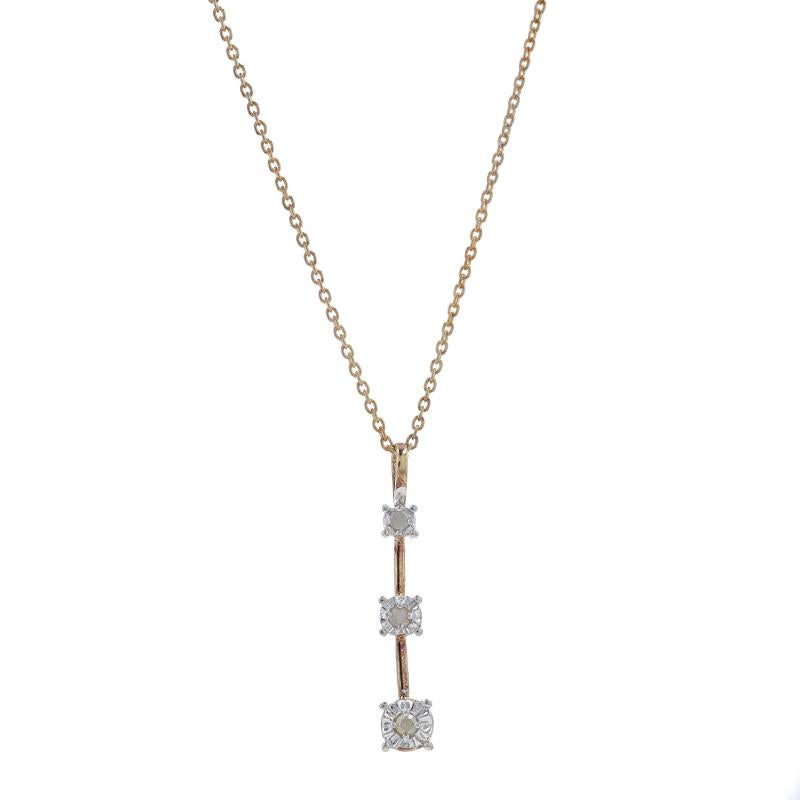 Metal Content: Sterling Silver (gold plated)

Stone Information

Natural Diamonds
Carat(s): .10ctw
Cut: Round Brilliant

Total Carats: .10ctw

Style: Graduated Three-Stone Journey
Chain Style: Cable
Necklace Style: Chain
Fastening Type: Spring Ring
