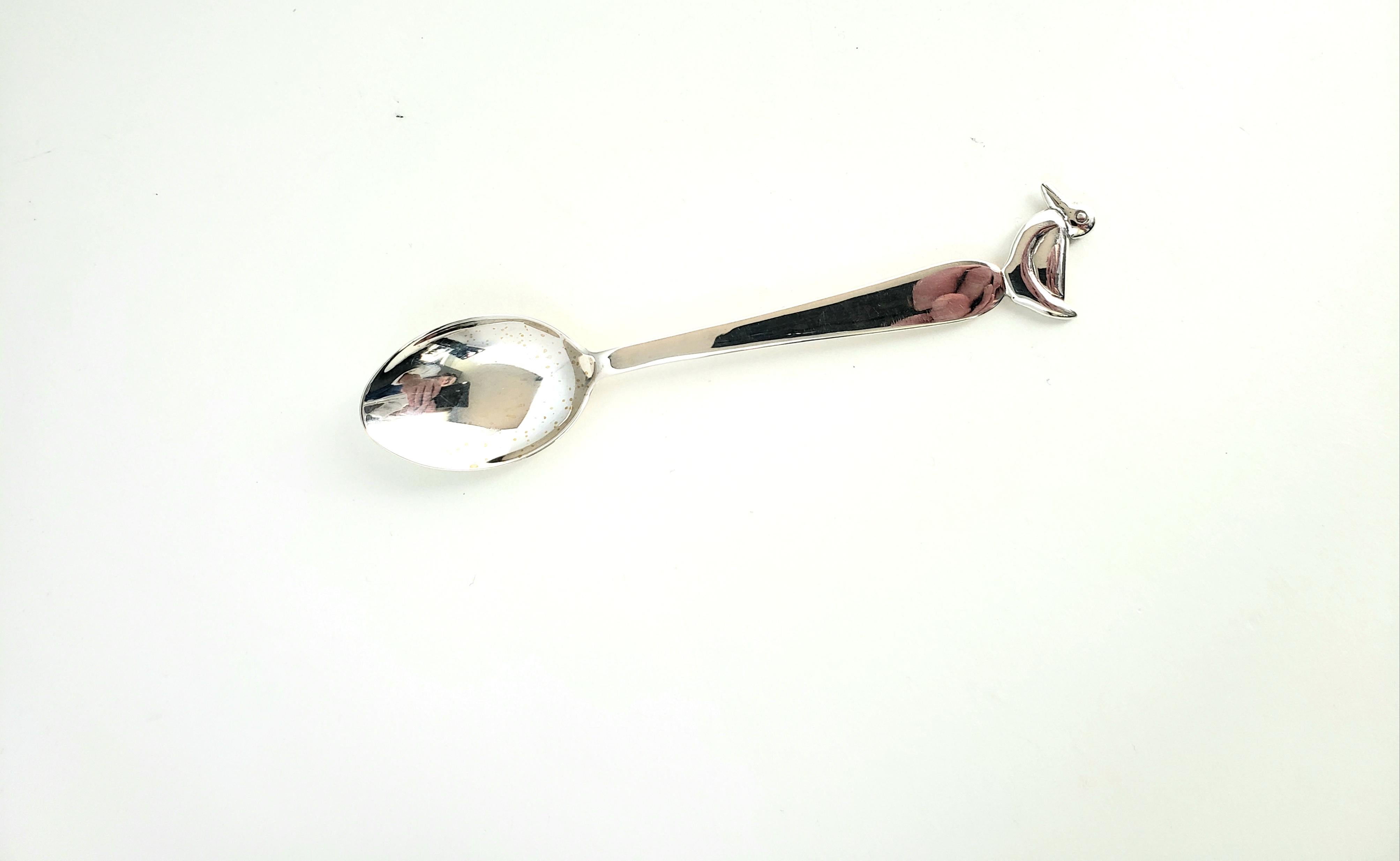 Sterling Duck Baby Spoon

A cute little duck at the end of the spoon adds a touch of fun to the silver spoon. Crafted entirely in sterling silver, this spoon will become a baby's treasure. 

Measurements:  5 and 1/2 inches long.

Weight: 25.0 g /