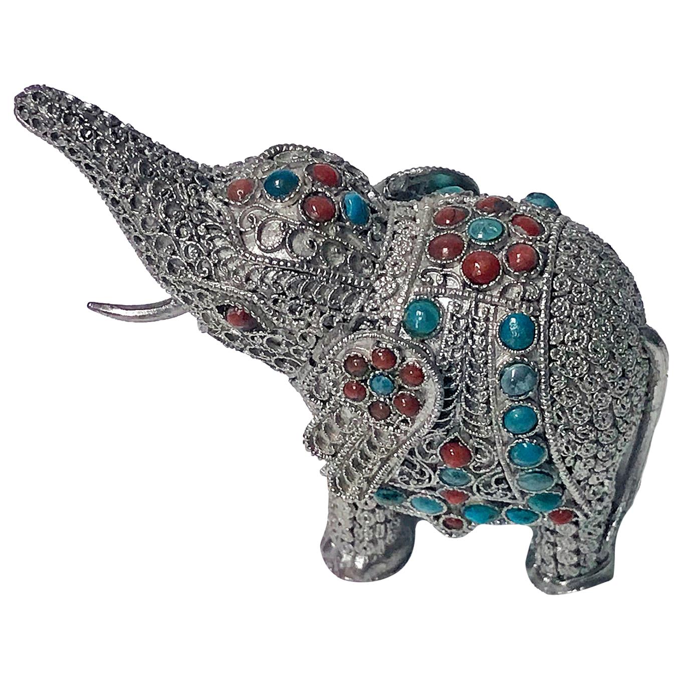 Sterling Elephant Turquoise Inlay Probably Chinese, circa 1950