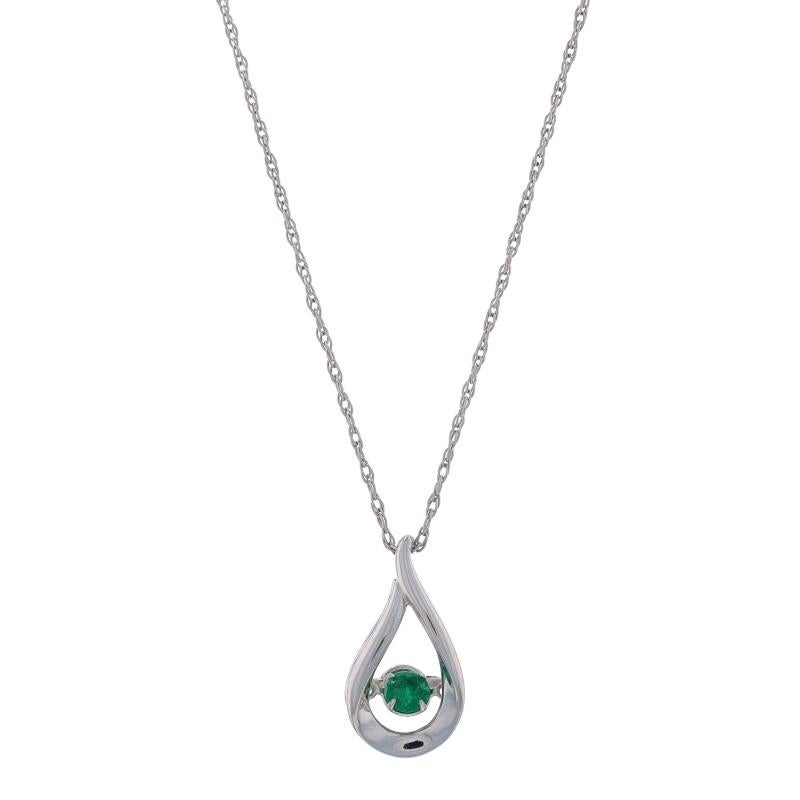 Metal Content: Sterling Silver

Stone Information
Natural Emerald
Treatment: Oiling
Carat(s): .20ct
Cut: Round
Color: Green

Total Carats: .20ct

Style: Dancing Solitaire
Chain Style: Prince of Wales
Necklace Style: Chain
Fastening Type: Lobster