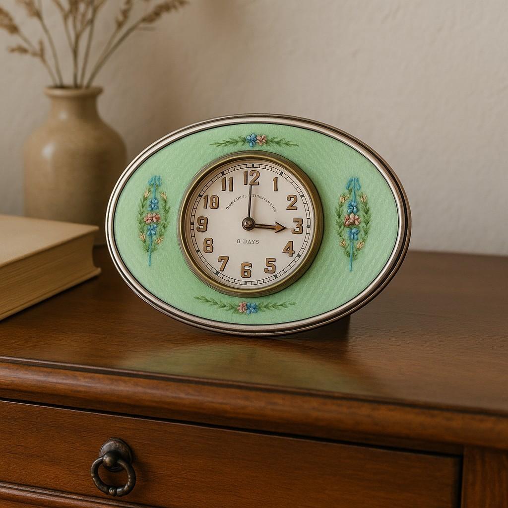 Horloge de bureau en argent sterling et émail de Bailey, Banks & Biddle (vers 1930)

Une pièce glamour de l'histoire du début du 20e siècle

Agrémentez votre bureau ou votre vitrine avec cette horloge de bureau en argent et émail, portant la