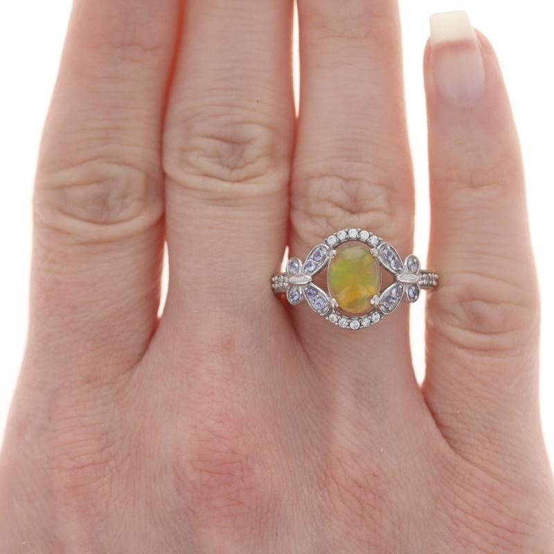 Oval Cut Sterling Ethiopian Opal Tanzanite White Topaz Ring 925 Oval Butterfly Halo 8 1/4 For Sale