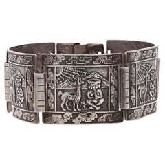 Sterling Figural Curved Panel Bracelet 6 3/4" - 925 Llama Peruvian Landscape