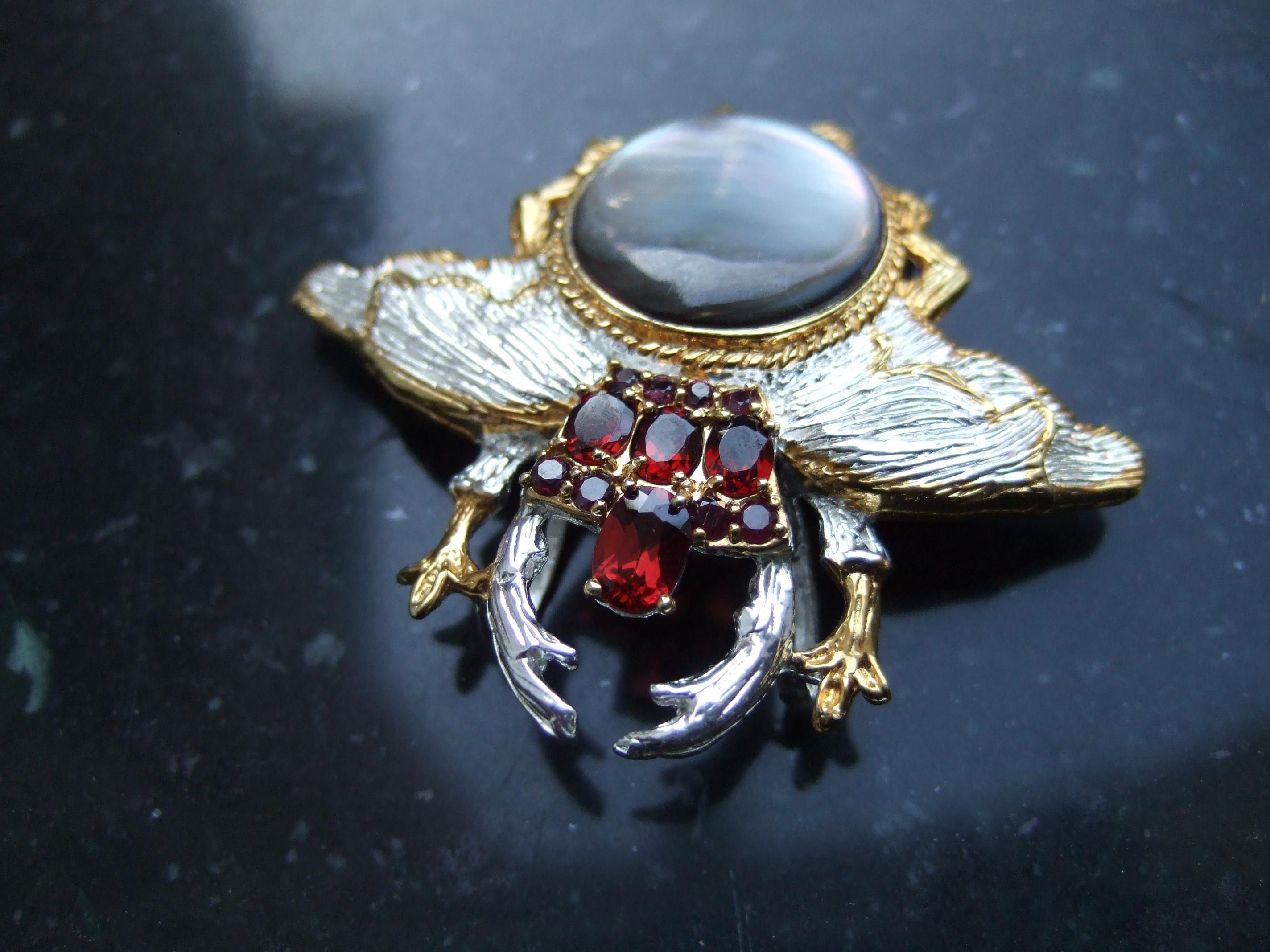 Sterling Figural Garnet Abalone Bee Brooch Pendant c 1990s  In Good Condition In University City, MO