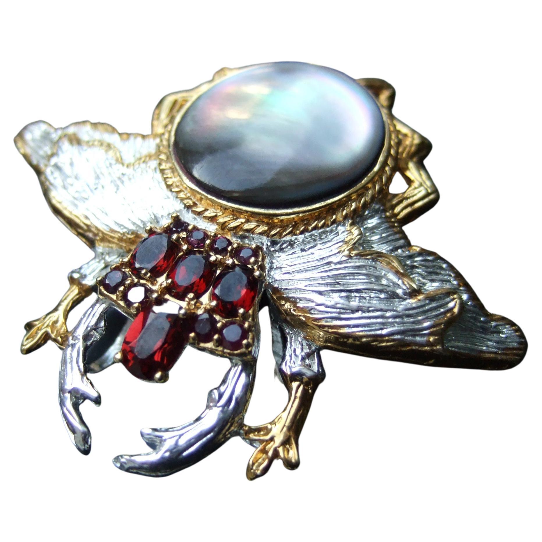 Sterling Figural Garnet Abalone Bee Brooch Pendant c 1990s 