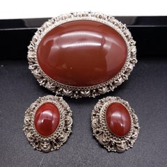 Sterling Filigree Oval Carnelian Victorian Brooch Pendant and Clip on Earrings