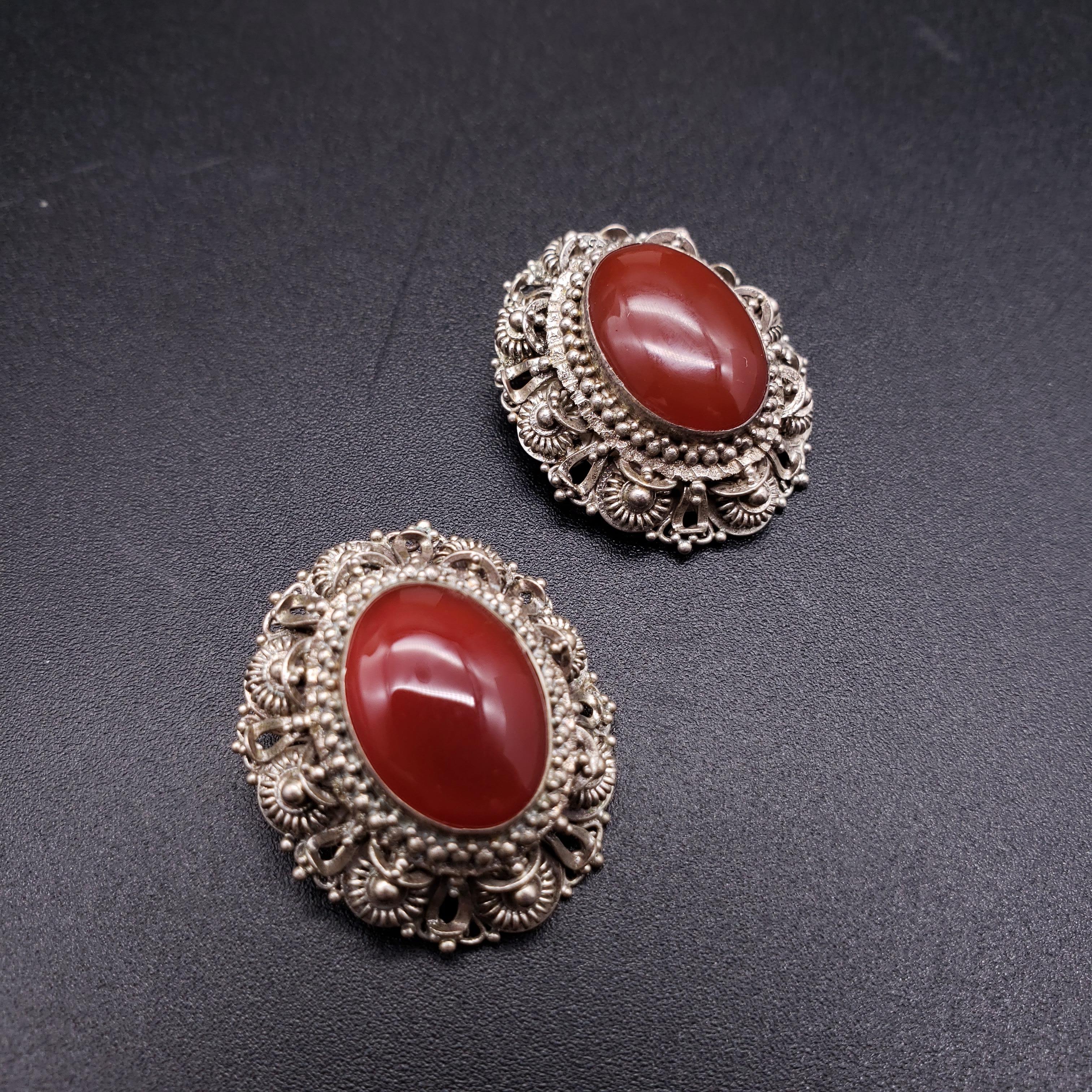 Oval Cut Sterling Filigree Oval Carnelian Victorian Brooch Pendant and Clip on Earrings For Sale