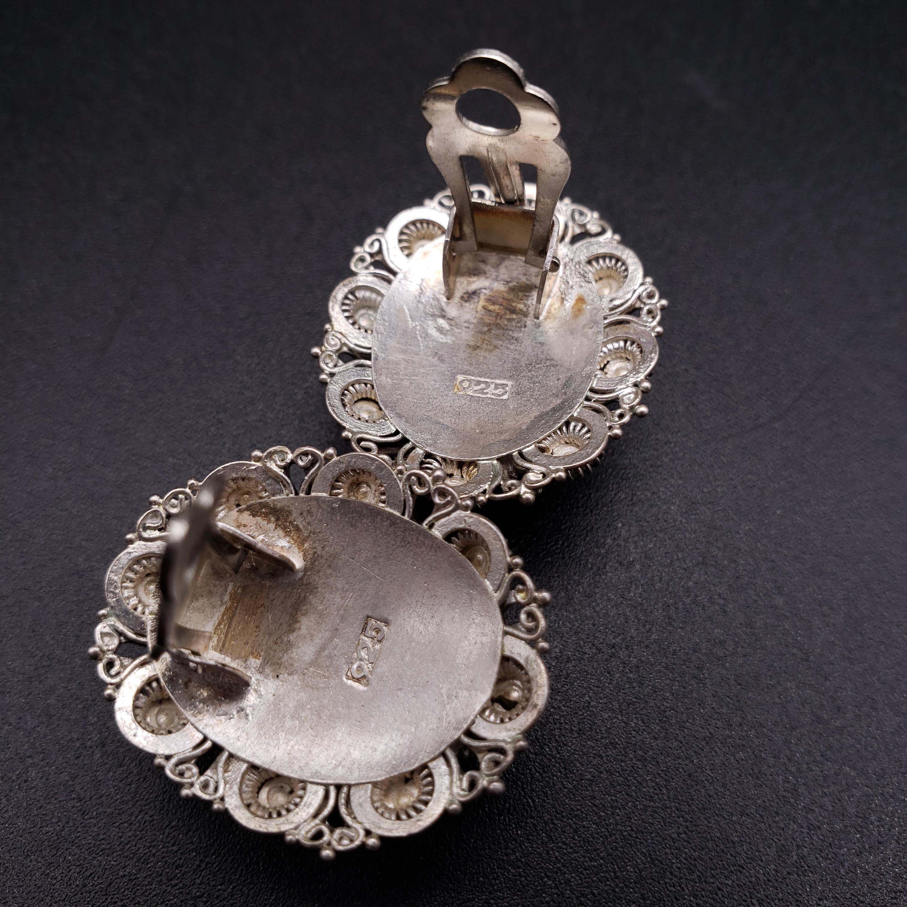 Women's or Men's Sterling Filigree Oval Carnelian Victorian Brooch Pendant and Clip on Earrings For Sale