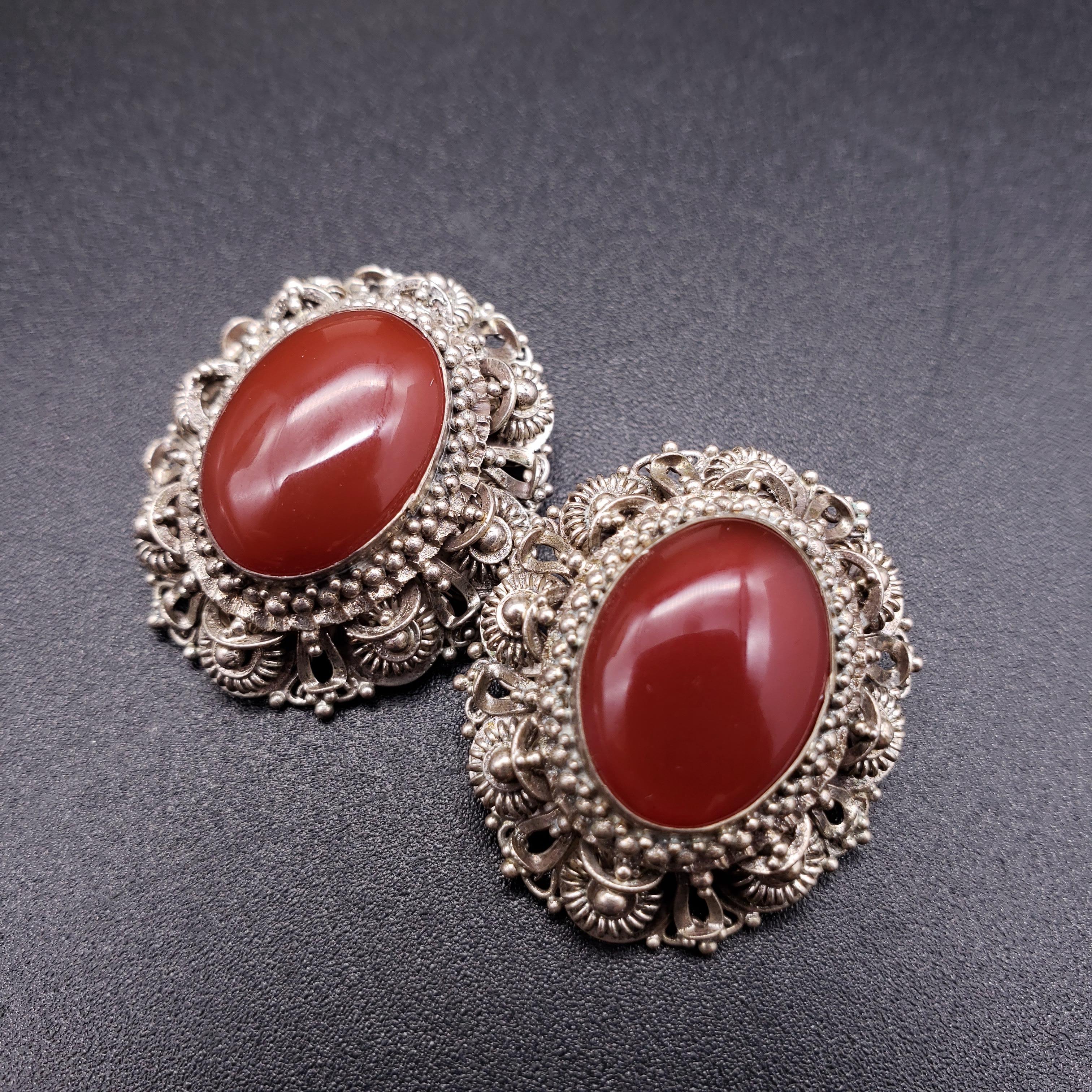 Sterling Filigree Oval Carnelian Victorian Brooch Pendant and Clip on Earrings For Sale 1