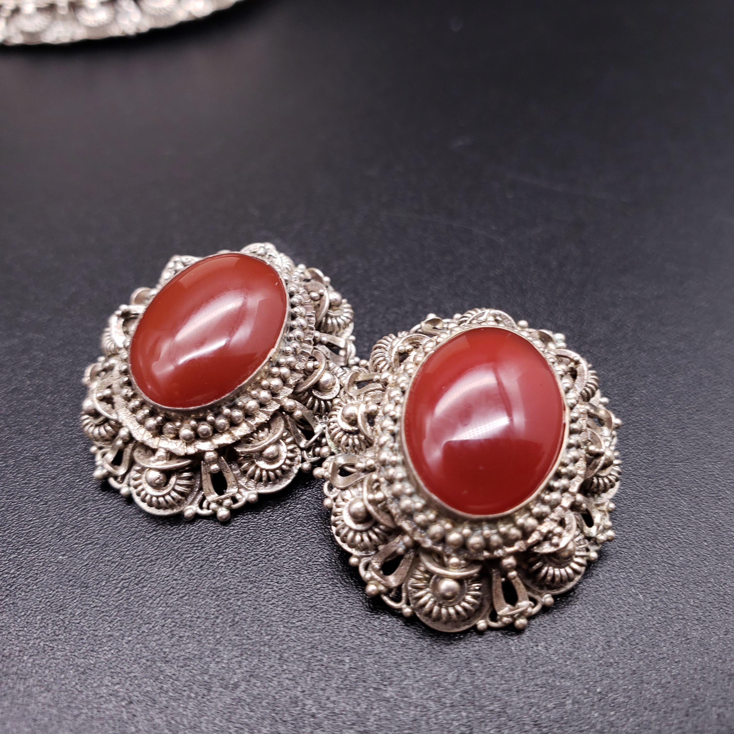 Sterling Filigree Oval Carnelian Victorian Brooch Pendant and Clip on Earrings For Sale 2