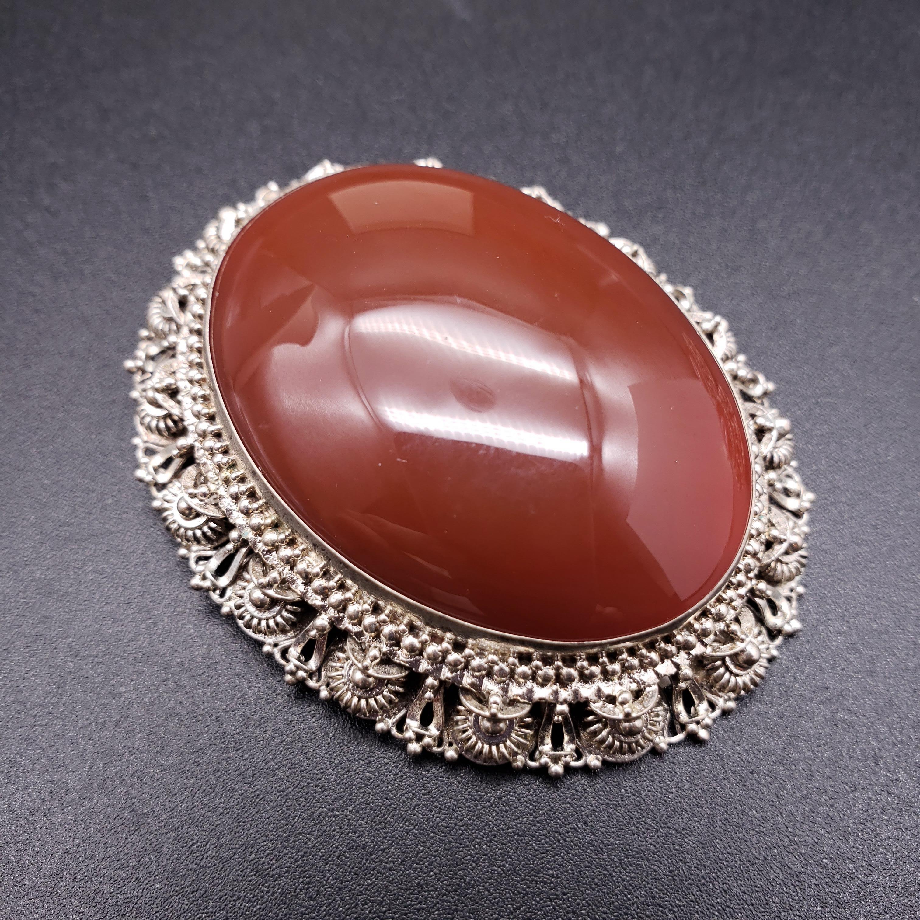 Sterling Filigree Oval Carnelian Victorian Brooch Pendant and Clip on Earrings For Sale 3