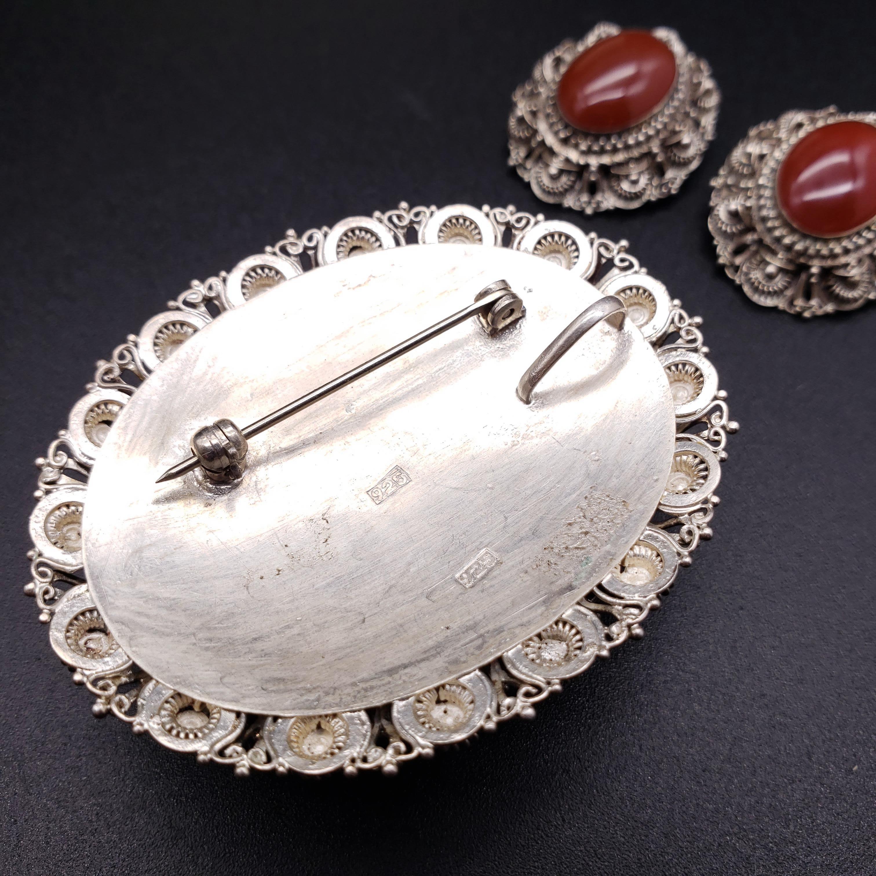 Sterling Filigree Oval Carnelian Victorian Brooch Pendant and Clip on Earrings For Sale 4