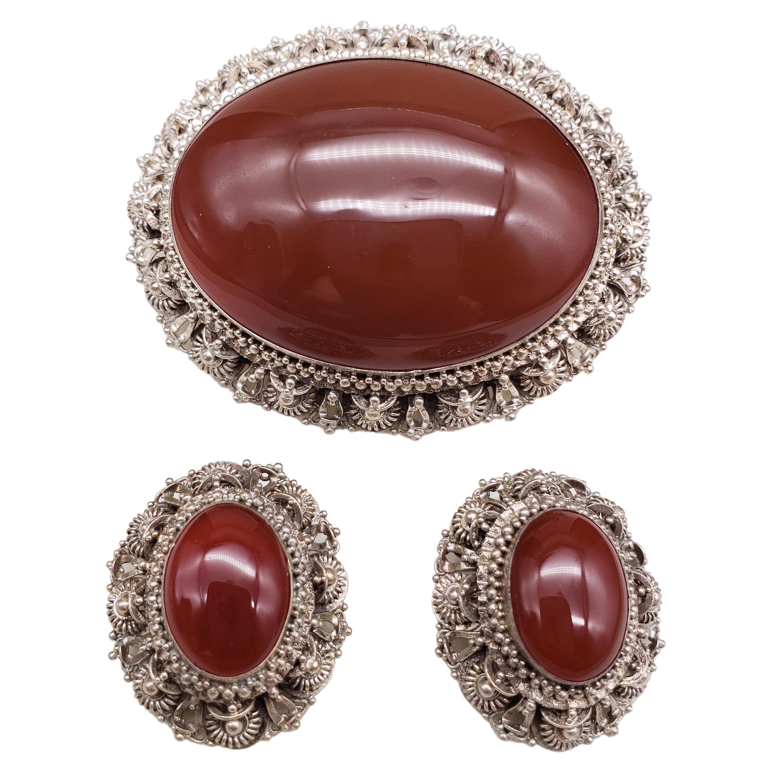 Sterling Filigree Oval Carnelian Victorian Brooch Pendant and Clip on Earrings For Sale