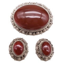 Vintage Sterling Filigree Oval Carnelian Victorian Brooch Pendant and Clip on Earrings