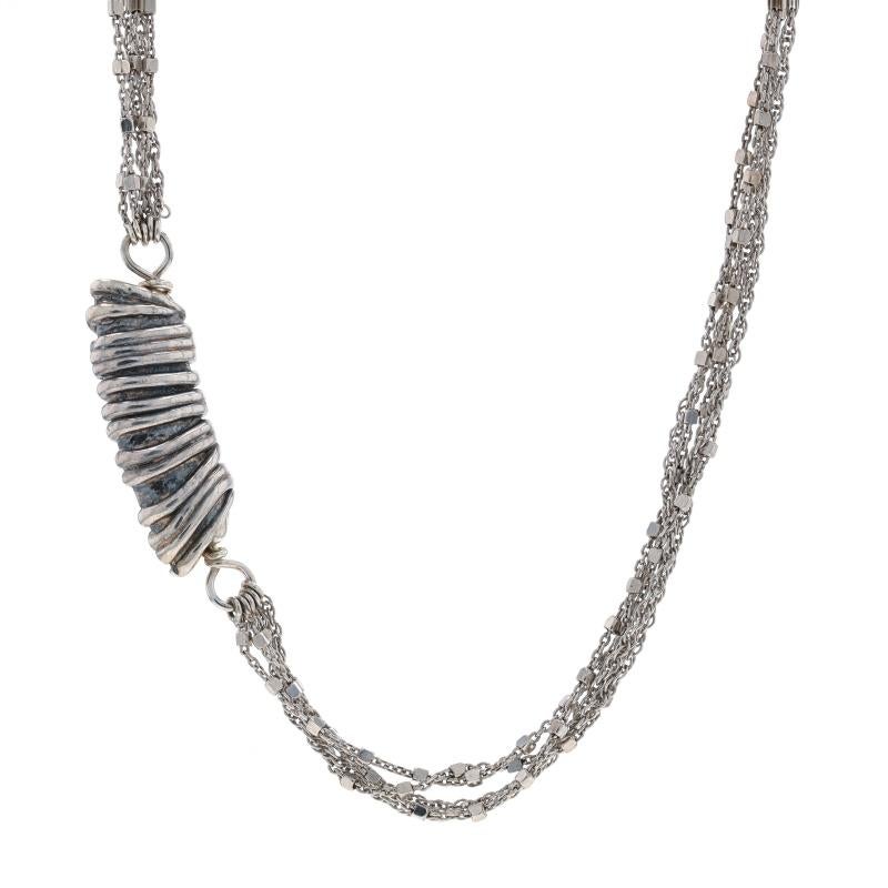 Metal Content: Sterling Silver

Chain Style: Square Saturn & Prince of Wales
Necklace Style: Five-Strand Chain Station
Fastening Type: Lobster Claw Clasp

Measurements

Item 1: Necklace
Length: 35 3/4