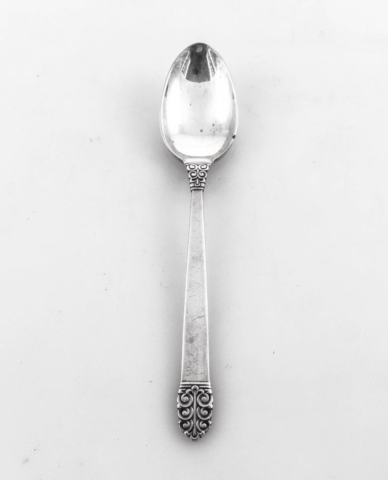 This sterling silver flatware set is gorgeous. Not too ornate and not too plain; the perfect look for a sterling flatware set in today’s age. It has a symmetrical pattern on the bottom and a little more towards the top. It has a Jensen-esque feel