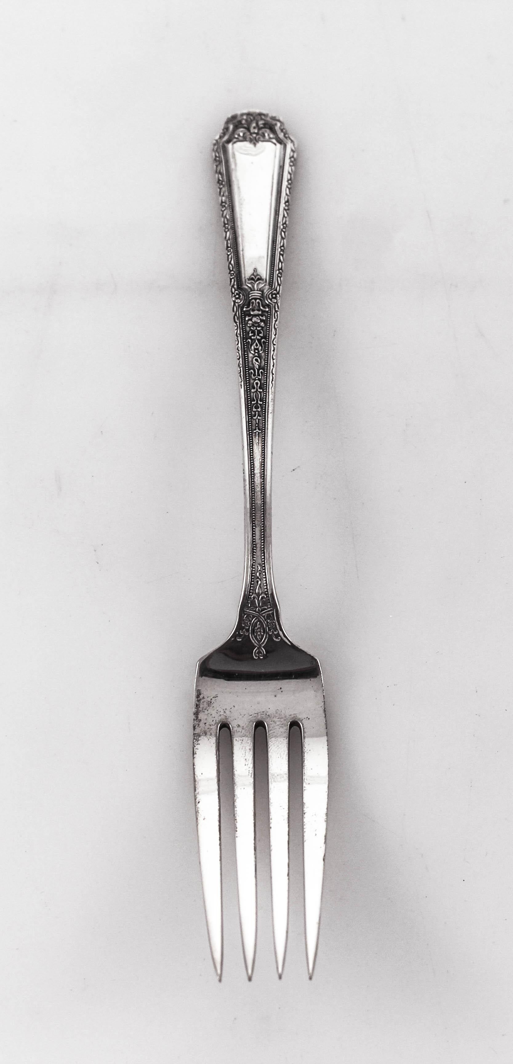 This complete set of sterling silver flatware is a Classic beauty. Tailored with very Fine detail, this set will never go out of style. The perfect set to pass from generation to generation; holding memories of holidays and celebrations gone by.