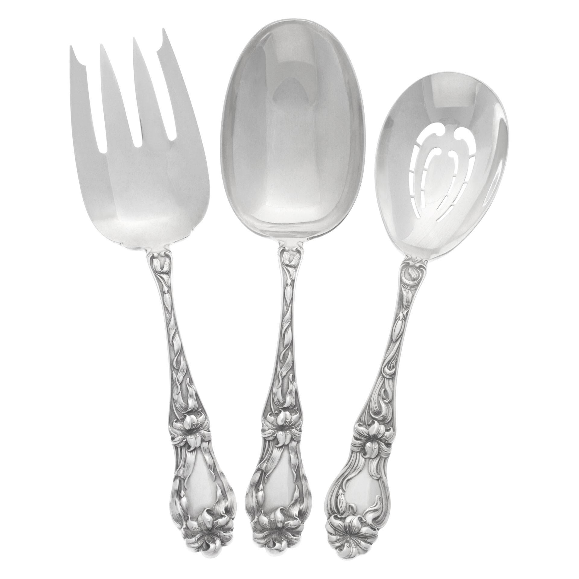 Sterling Flatware Set Lily Patented in 1910 by Frank M Whiting, Almost Complete In Excellent Condition For Sale In Surfside, FL