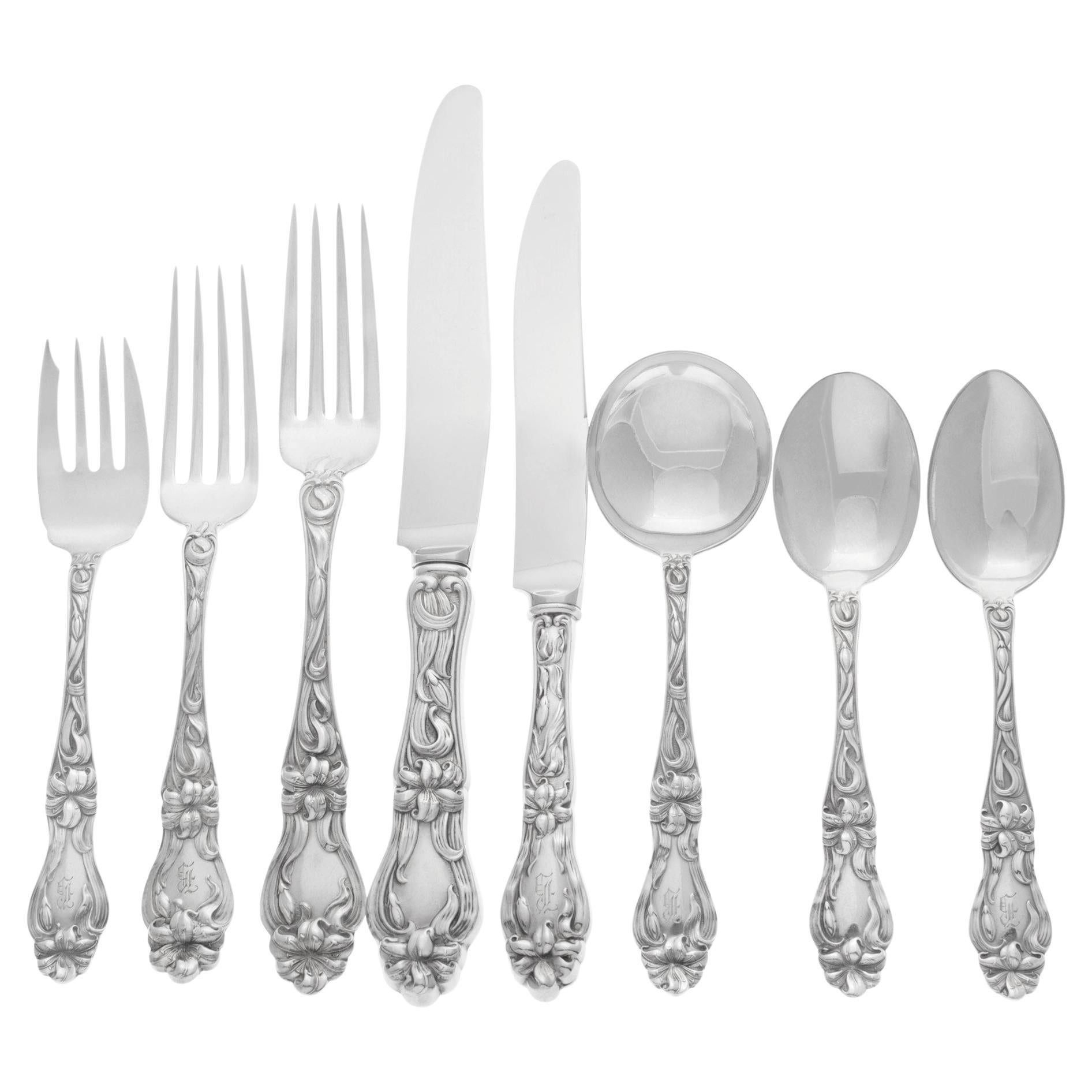 Sterling Flatware Set Lily Patented in 1910 by Frank M Whiting, Almost Complete For Sale