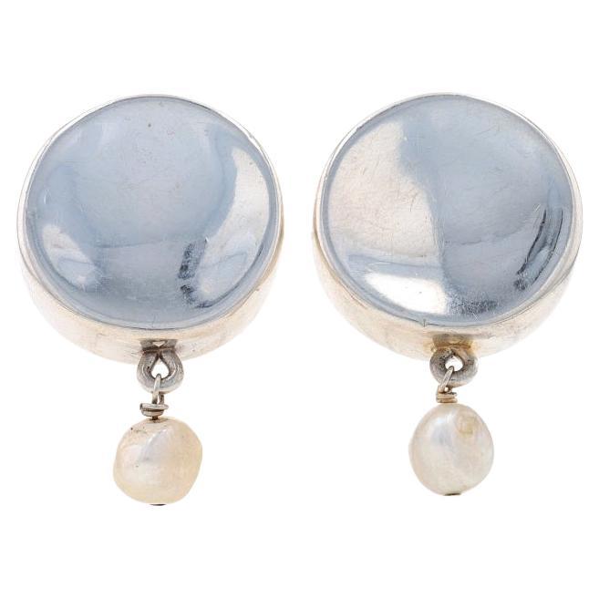 Sterling Freshwater Pearl Dangle Earrings - 925 Circles Resin Filled Clip-Ons For Sale