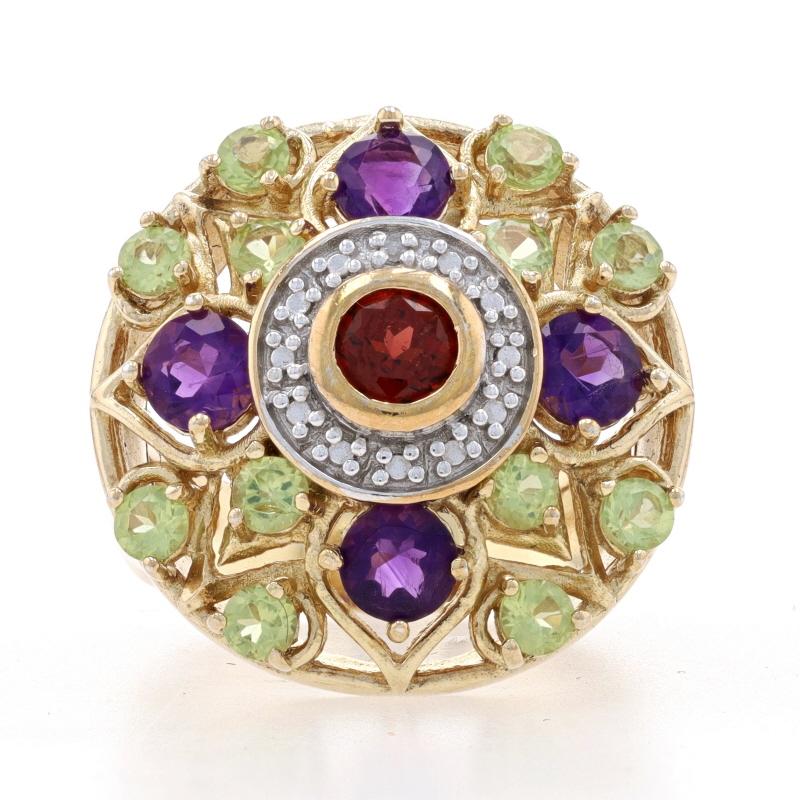 Size: 6

Metal Content: 925 Sterling Silver & Gold Plated

Stone Information

Natural Garnet
Carat(s): .45ct
Cut: Round
Color: Red

Natural Amethysts
Carat(s): .80ctw
Cut: Round
Color: Purple

Natural Peridot
Carat(s): .96ctw
Cut: Round
Color: