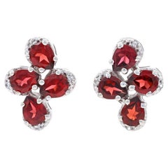 Sterling Garnet & White Topaz Large Cluster Stud Earrings - 925 Pear 3.08ctw