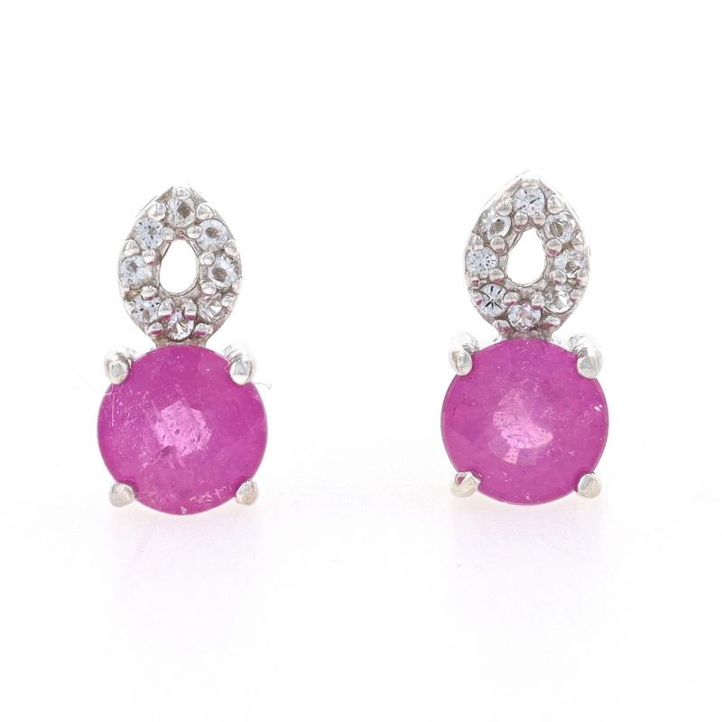 Round Cut Sterling Glass Filled Ruby & White Topaz Short Drop Earrings - 925 Round .32ctw For Sale