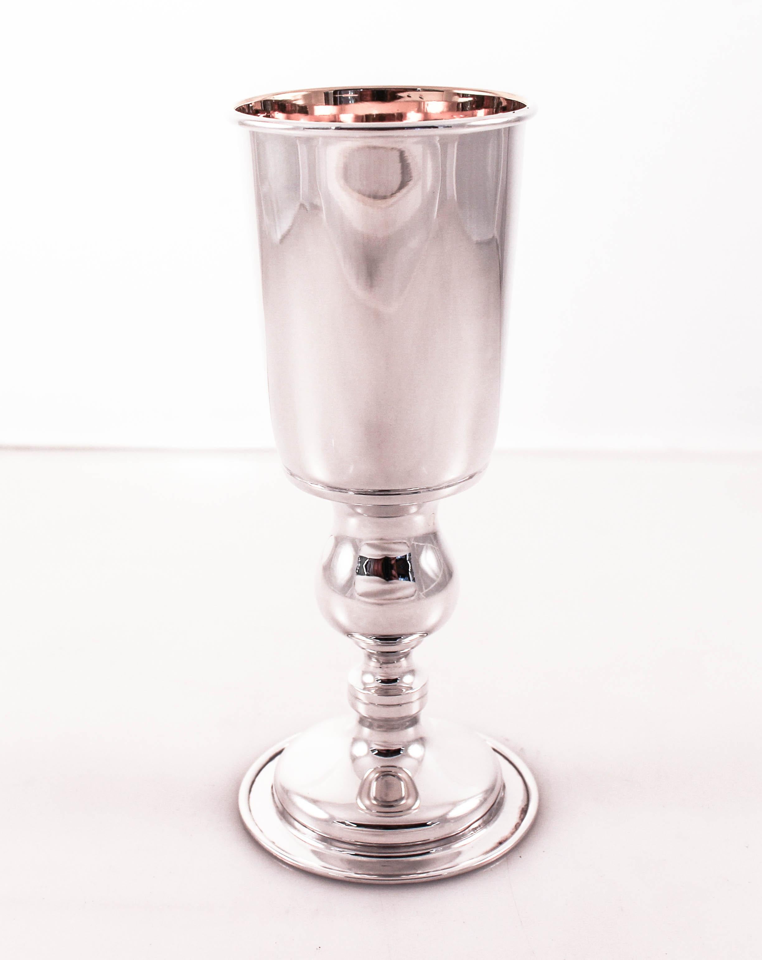 Here is a sterling silver goblet that’s fit for a king... or queen! Standing tall and regal, it’s sophisticated and handsome. It is gold-washed on the inside to protect the sterling.