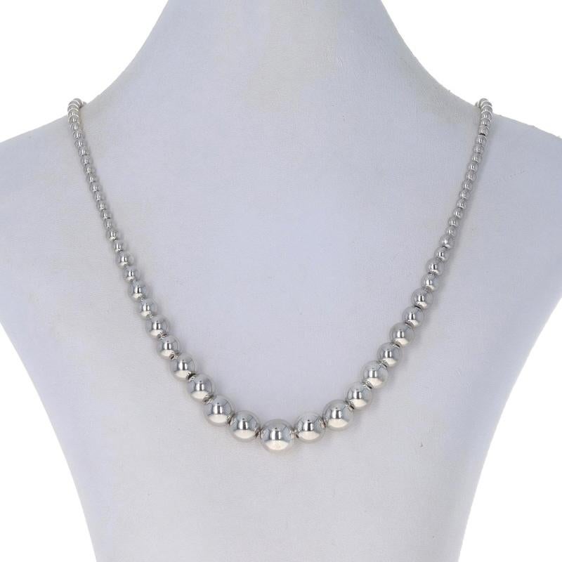 Metal Content: Sterling Silver

Style: Graduated Bead Strand
Chain Style: Fancy
Necklace Style: Beaded Chain
Fastening Type: Lobster Claw Clasps with Removable Magnetic Clasp Extender

Measurements
Length (without extender): 18